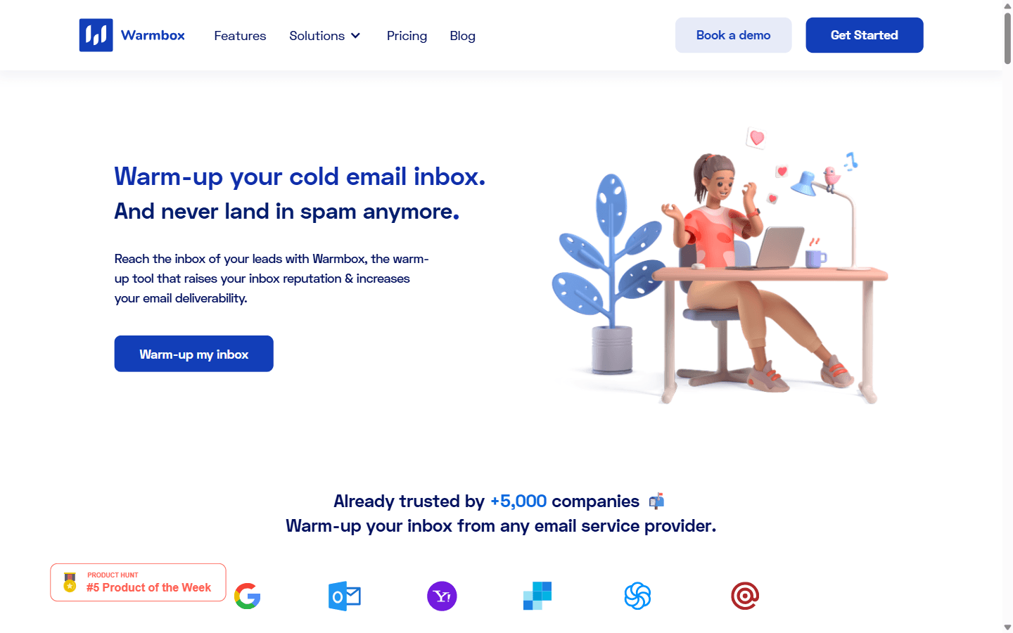 Warmbox.ai homepage as an automated email warmup service for cold email inboxes
